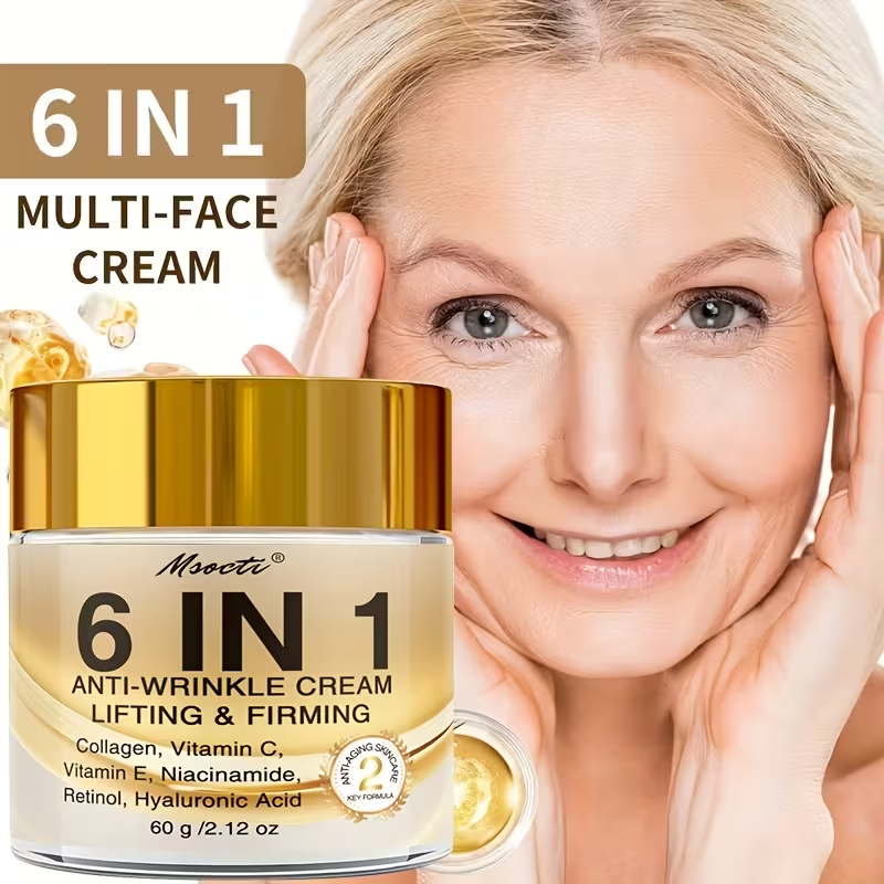6-in-1 Instant Firming and Lifting Cream Deeply Moisturizes, Smoothes Dry Skin, Enhances Radiance and Elasticity, Skincare, Makes Skin Look Younger, Contains Retinol, Hyaluronic Acid, Niacinamide, Vitamin CE, Collagen, 60g, Non-greasy