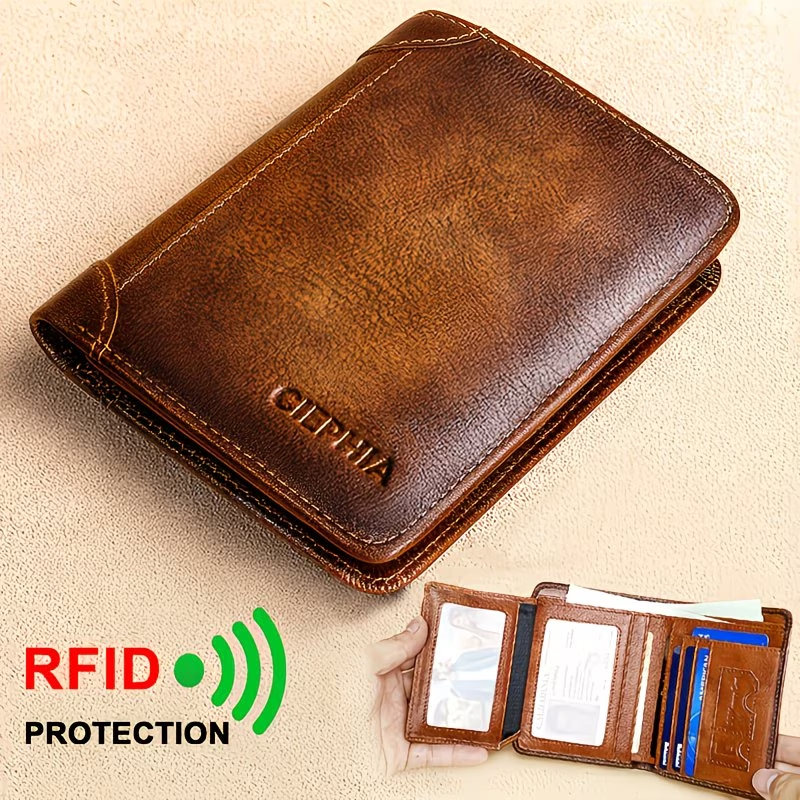 Genuine Leather Men's Wallet with Blessing Card Set, RFID Blocking, Ultra-Thin, Top-Grain Cowhide, Compact Multi-Function ID and Credit Card Holder, Christmas Valentine's Day Father's Day Gift