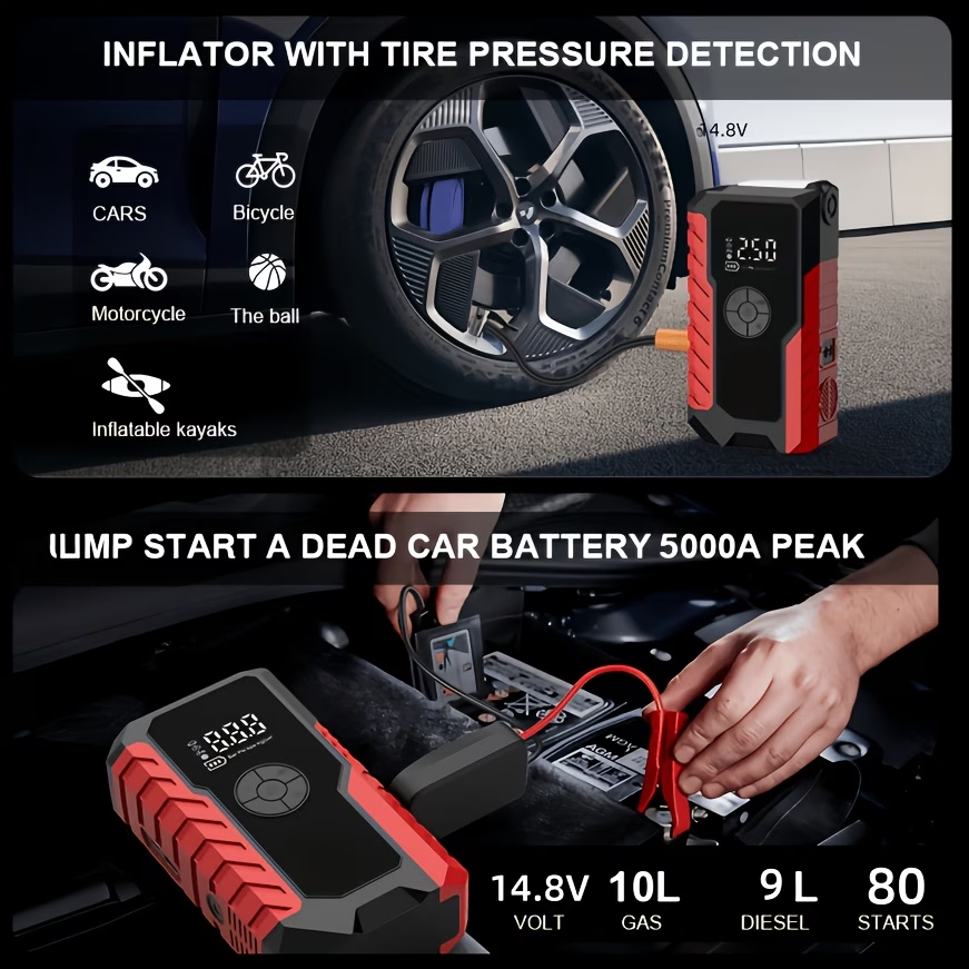 10000A 7-in-1 Multifunctional Emergency Jump Starter With 150PSI Air Pump, Digital Tire Inflator, Portable Car Battery Charger, Up To 2.64gal Gas/2.38gal Diesel, LED Emergency Light & USB Charging, Car Emergency Tool.Suitable As A Holiday Gift.