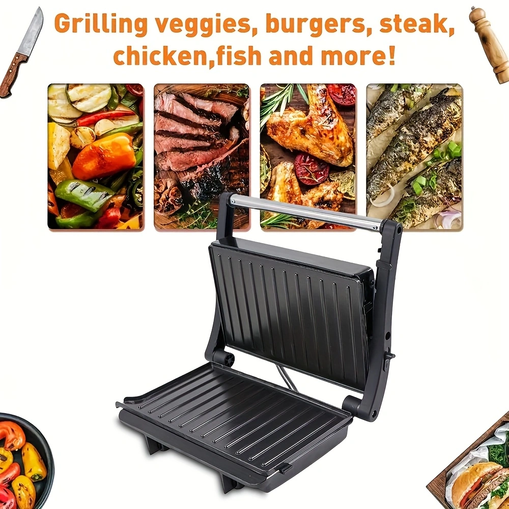 Home Kitchen, Black Square Double-sided Heating Barbecue Machine, High-power Panini Toaster, Steak Grill, Sandwich Machine, Waffle Maker, Heated Electric Pancake Maker, Grilled Sausages And Hamburgers., Home Cooking, Quick Meals