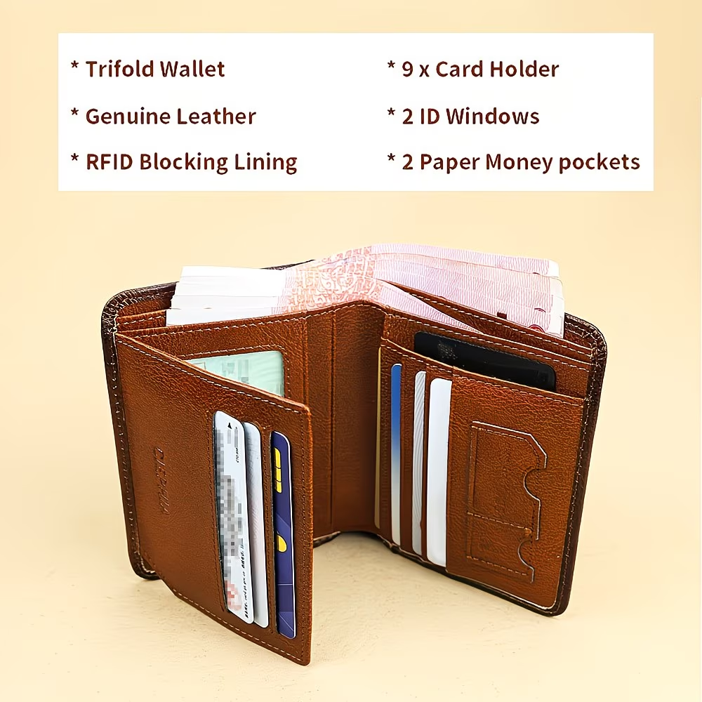 Genuine Leather Men's Wallet with Blessing Card Set, RFID Blocking, Ultra-Thin, Top-Grain Cowhide, Compact Multi-Function ID and Credit Card Holder, Christmas Valentine's Day Father's Day Gift
