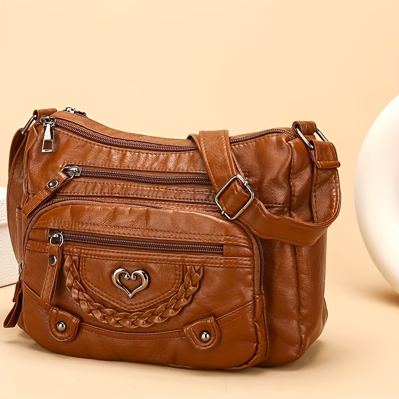 Multi-Pocket Hot Selling Vintage Crossbody Bag - Adjustable Shoulder Strap & Multi-Pocket Design, Large Capacity Heart Decoration Casual Monochrome Tote, Fashionable Trendy Choice, Suitable for Daily Use