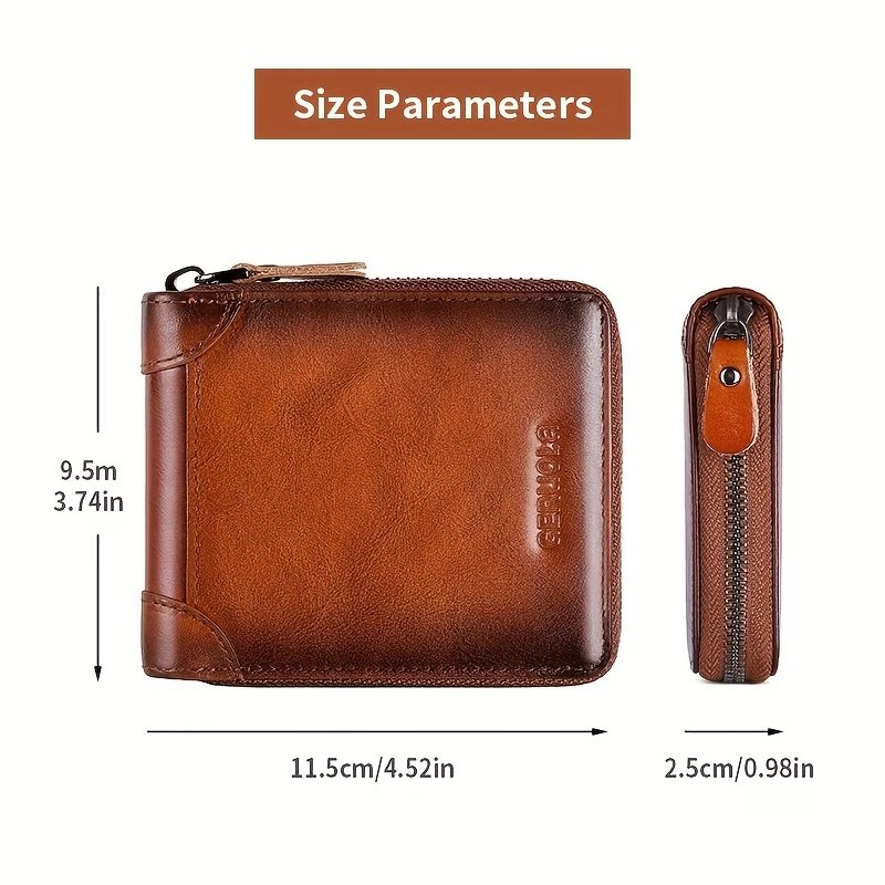 Men'S New Genuine Leather Short Wallet with Large Capacity, Zipper, Tri-Fold Design, And Ultra-Thin Cardholder