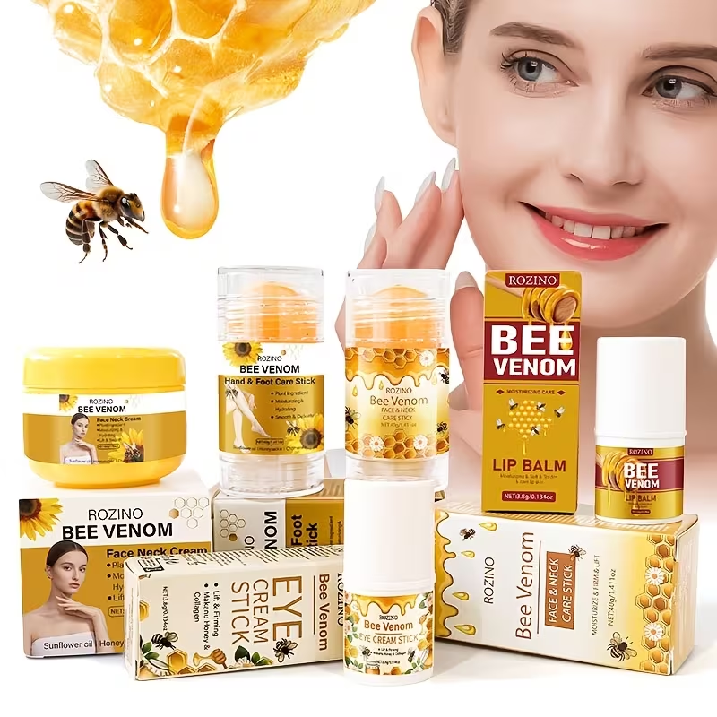 5pcs Bee Venom Care Combination, used for various purposes such as lip, face, neck, hands, feet, and body care. It is moisturizing, comprehensive, lightweight, non greasy, quickly absorbed, gentle and non irritating, portable and easy to use, Hand