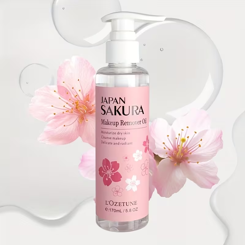 New Release 5.75oz Sakura Love Makeup Remover Oil, Contains Plant-Derived Squalane, Gentle Alcohol-Free Formula, Emulsifies in One Second, Refreshing and Non-Comedogenic, Suitable for Students and Women, A Must-Have for Daily Makeup Removal