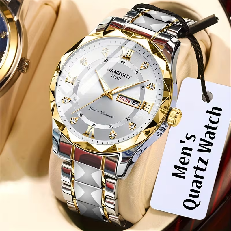 1 New Stainless Steel Men'S Quartz Watch with Roman Numerals, Rhinestone Dial, Date Calendar, Trendy Minimalist Luxury Brand, Luminous Sports Casual Business Multi-Functional Watch - Ideal Birthday Gift and Holiday Present, Elegant Watch For Men