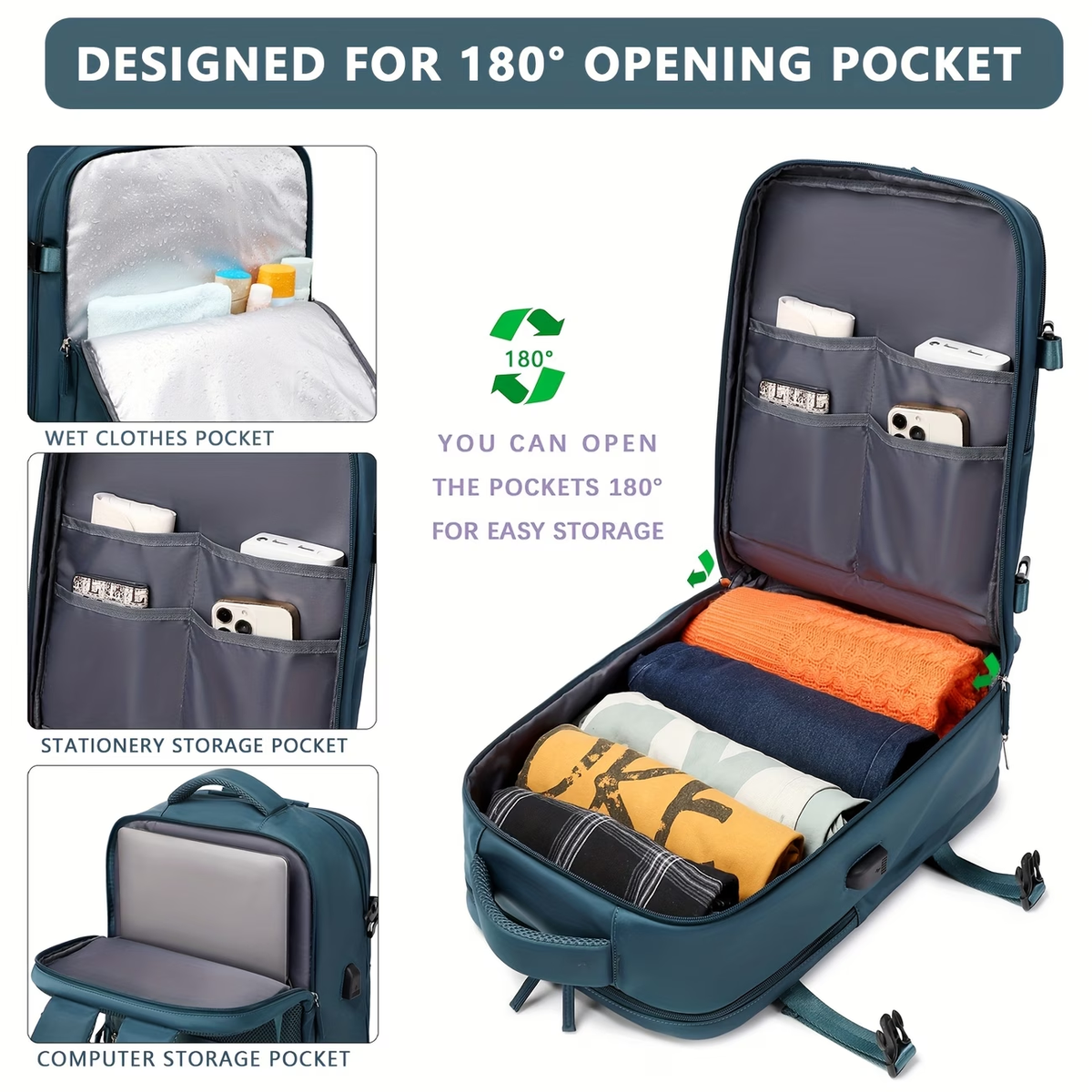 Airline-Approved Large Capacity Travel Backpack with 16" Laptop Compartment, Shoe Pocket & Multi-Pocket Organizer - Durable 180° Open Top, USB Charging, 360° Spinner Wheels for Business, Gym, School, Travel Backpack