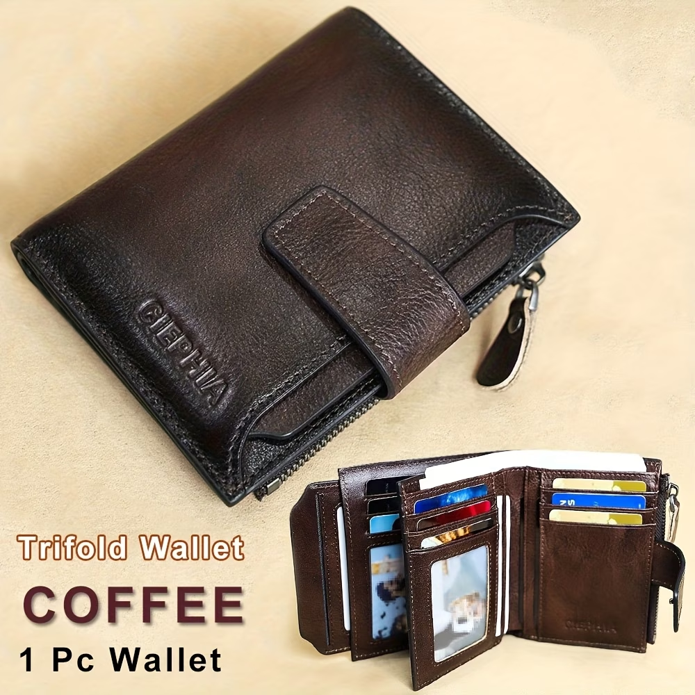 Men's Vintage RFID Blocking Wallet - Genuine Leather -Theft Billfold with Zipper Coin Pocket, 14 Card Holder, 2 ID Window & SD/ SIM, 2 Driver ID Holder - Leather for Christmas Valentine's/Father's Day Gift for Men Set Includes a Greeting Card