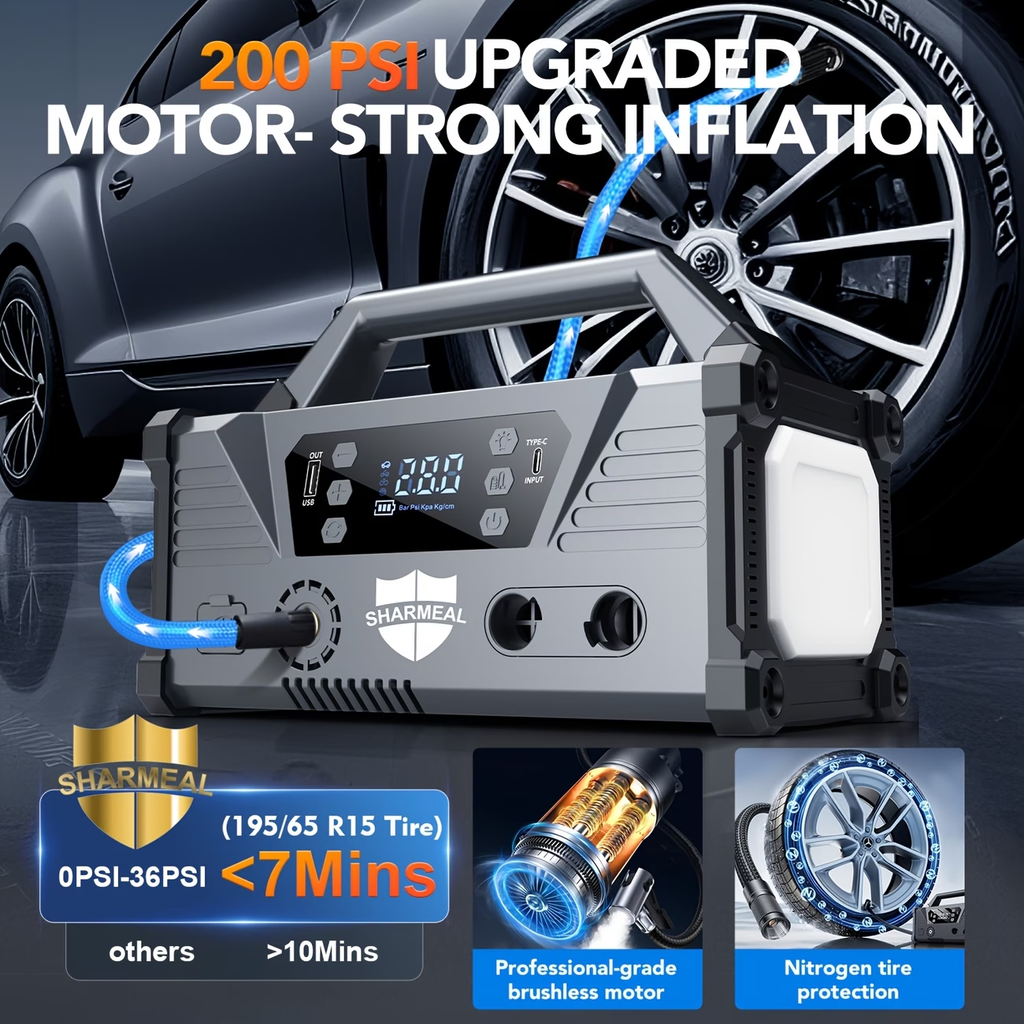 18000A/20000A 15-In-1 Car Jump Starter with Air Compressor And Enhanced Blower, Powered by a 12V Car Battery (Suitable for All Gasoline Cars And 2.64gal Diesel Cars), Equipped with a 200PSI Tire Inflator, 20000Mah Battery, And 3-Mode Flashlight