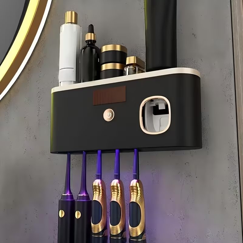 1pc Smart Toothbrush Organizer, Bathroom Toothbrush Display And Storage, with Automatic Toothpaste Dispenser - Wall-Mounted, 5-Slot Storage, Durable Plastic, USB Rechargeable Lithium Battery, Modern Bathroom Organization And Home Decor