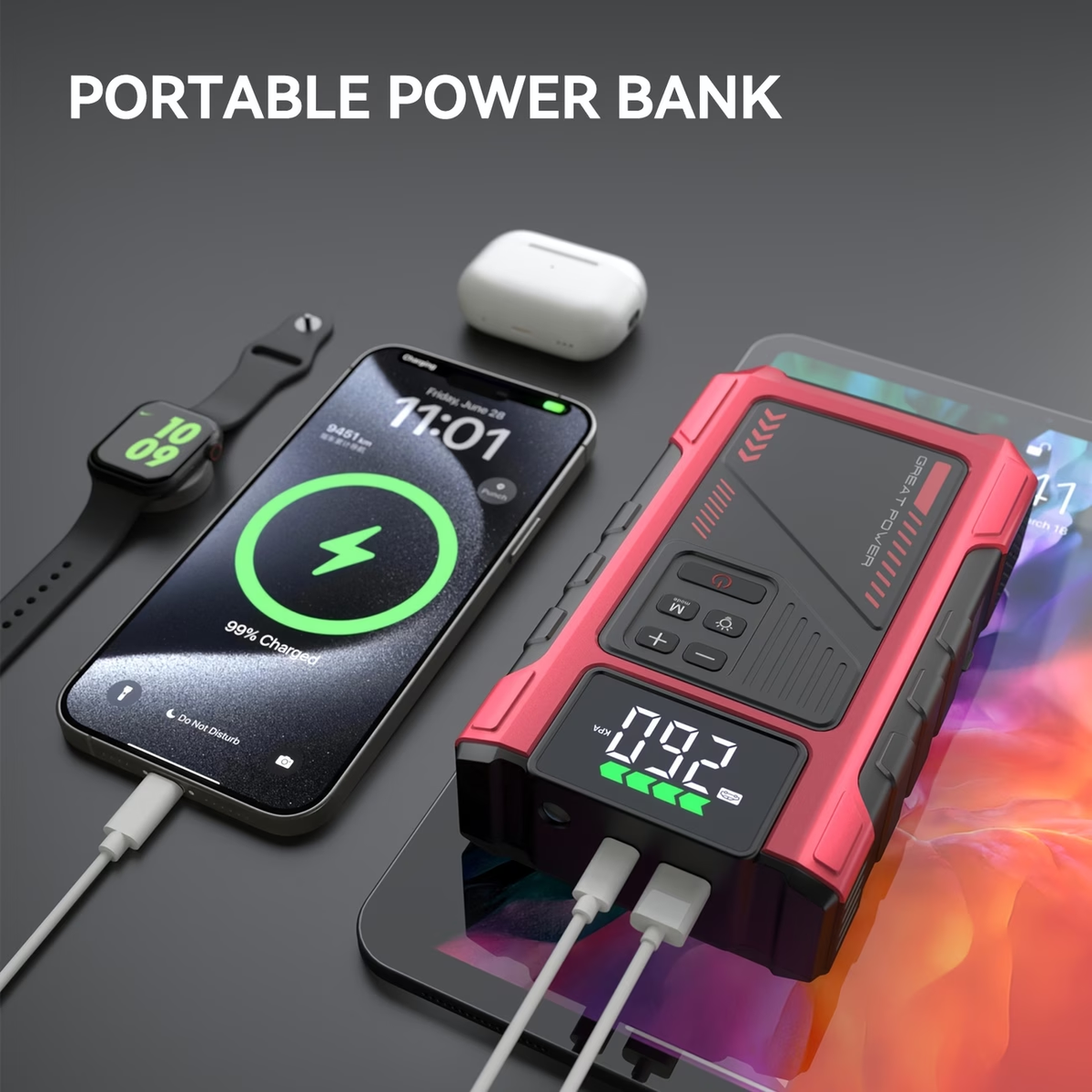 9-in-1 Portable Jump Starter with Air Compressor, Battery Jump Starter Portable Peak, Car Battery Charger Portable For12V(8.0LGas/1.72gal Diesel) Start The Car Quickly, USB Input/output, LED Emergency, Car Accessories Tools, Wireless Car Air