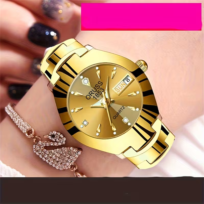 Women's Watch Luxury Rhinestone Quartz Watch Golden Fashion Analog Calendar Wrist Watch Date Watch