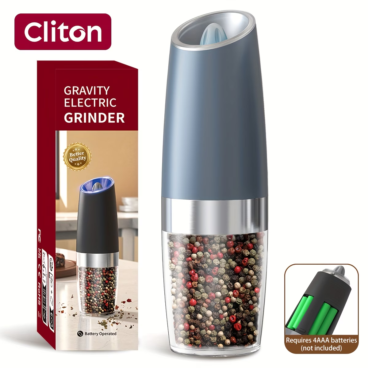 1/2pcs/set, Gravity Electric Salt And Pepper Mill, Powerful Pepper Grinder, Tilt to Grind Automatically, Battery Powered, Coarseness Adjustable, Upgraded Large Capacity, Easy to Clean, One-Hand Operation, Kitchen Essentials, LED Light, Gift Ideas