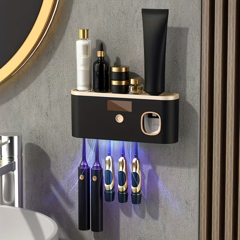 1pc Smart Toothbrush Organizer, Bathroom Toothbrush Display And Storage, with Automatic Toothpaste Dispenser - Wall-Mounted, 5-Slot Storage, Durable Plastic, USB Rechargeable Lithium Battery, Modern Bathroom Organization And Home Decor