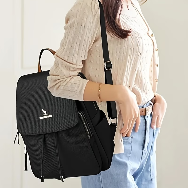 Fashionable Large Capacity Women'S Backpack | Lightweight, Adjustable Shoulder Straps, Durable Lining, Zipper Closure, Black with White Logo, Perfect for Travel & Daily Commute, Secure Zipper Closure