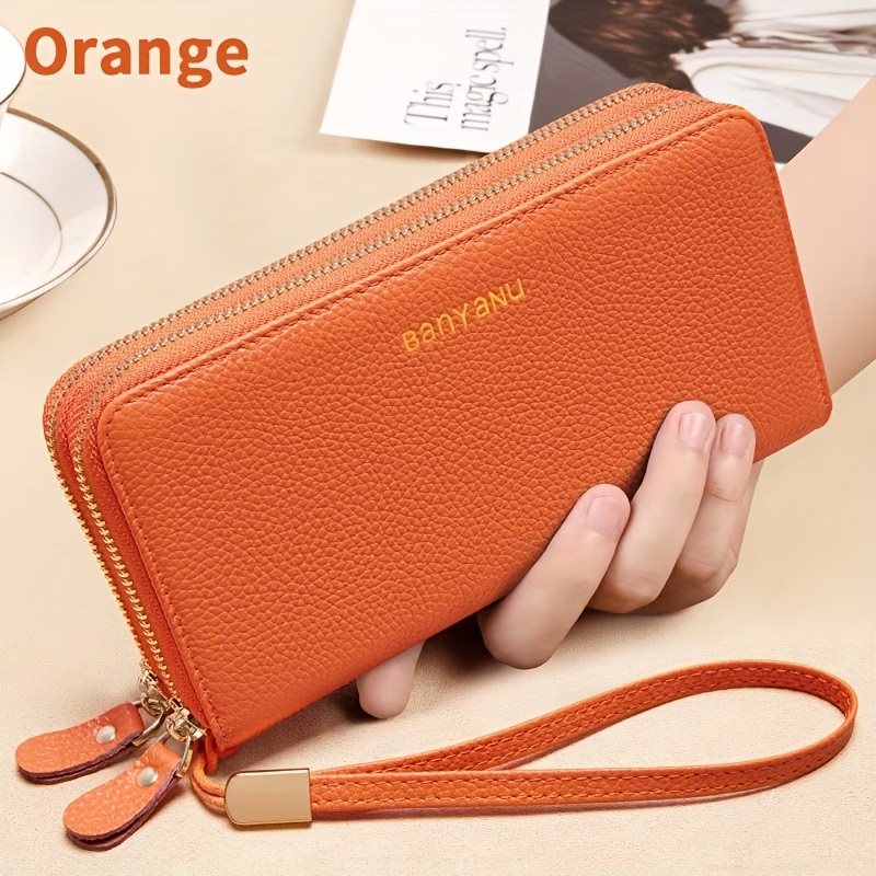 Women'S Long Wallet, Stylish And Spacious, Made of Top-Layer Cowhide, Double Zipper Genuine Leather Clutch Bag 9009