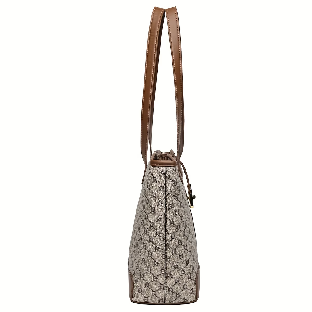 Women's Large Capacity Tote Bag - Coffee & Gray with Golden-Tone Hardware, Zipper Closure, Sturdy Handles & Detachable Shoulder Strap for Work, Travel, Everyday Use, Elegant Handbag, Oiled Edge Construction