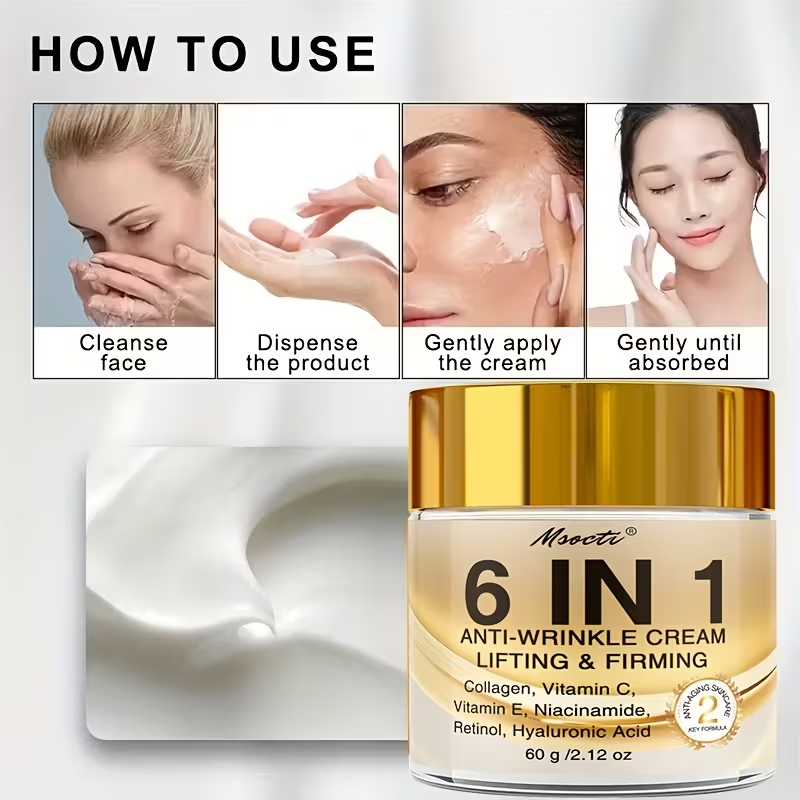 6-in-1 Instant Firming and Lifting Cream Deeply Moisturizes, Smoothes Dry Skin, Enhances Radiance and Elasticity, Skincare, Makes Skin Look Younger, Contains Retinol, Hyaluronic Acid, Niacinamide, Vitamin CE, Collagen, 60g, Non-greasy