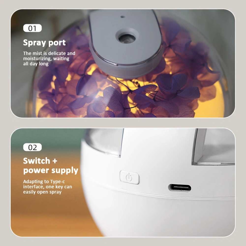 Preservative flower humidifier, USB multi-scene creative ultrasonic humidification and moisturizing spray, wired humidification, warm light mode, two spray levels, easy button operation, automatic power-off to prevent dry burning.
