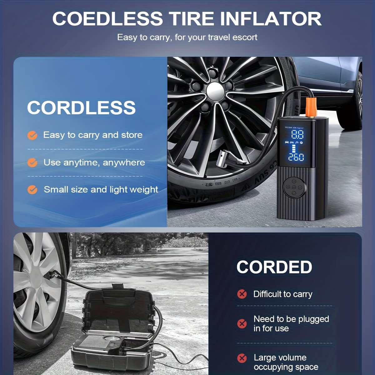 Portable Tire Inflator with Digital Pressure Gauge | 180 PSI, Rechargeable Battery, LED Light, Cordless, Suitable for Cars, Motorcycles, Bicycles, and Balls
