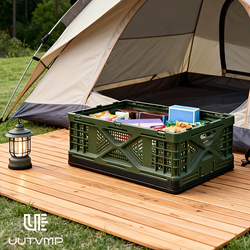 Collapsible storage box with wooden top—foldable, stackable, and suitable for outdoor camping, patio use, kitchen storage, and more.