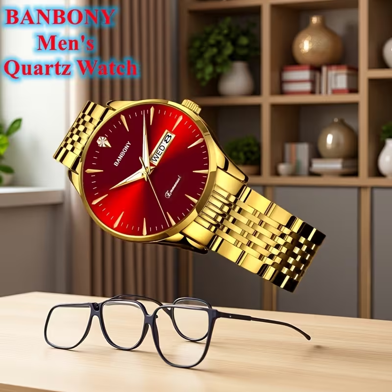 New Banbony Unisex Stainless Steel Quartz Watch with Rhinestone Accents, Water-Resistant IPX7, Sleek HD Dial, Date Display, Golden-Tone Finish - Ideal for Casual Wear, Parties, and Gifts