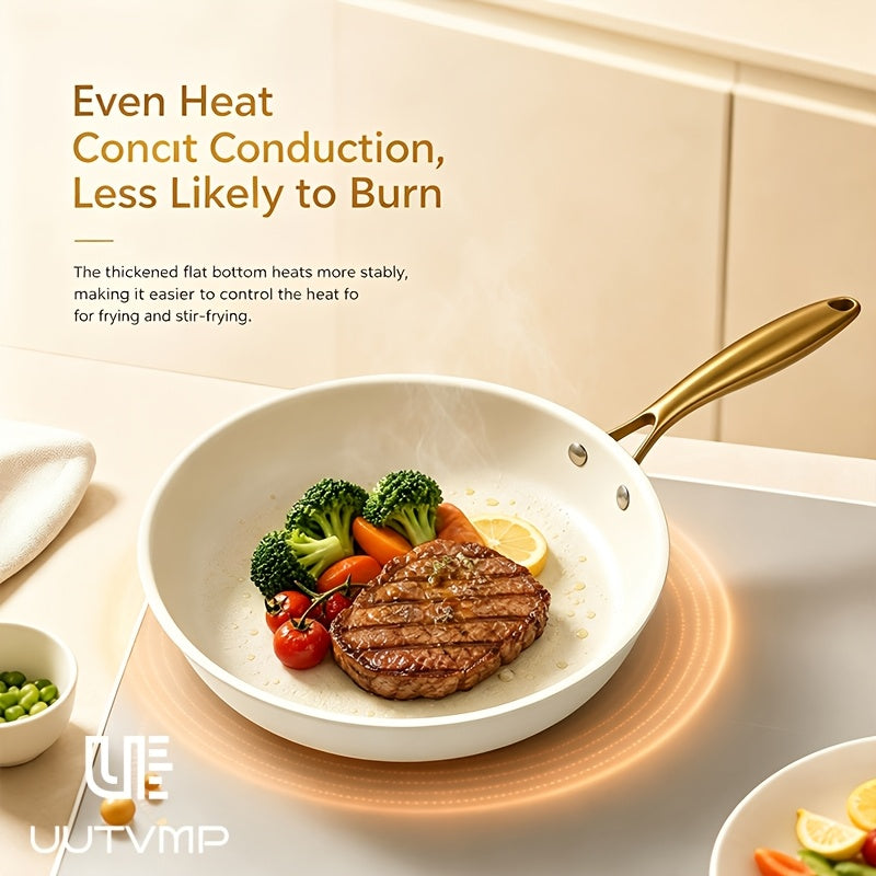 High appearance cream white non stick frying pan, golden handle, pot diameter 11.02 inches, flat bottom with uniform thermal conductivity