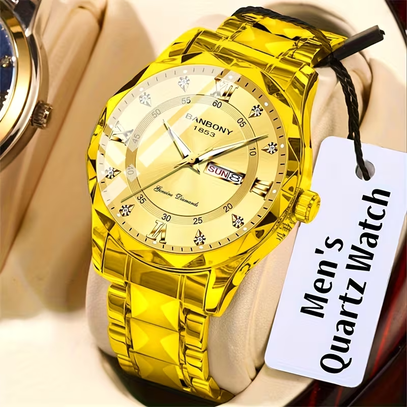 1 New Stainless Steel Men'S Quartz Watch with Roman Numerals, Rhinestone Dial, Date Calendar, Trendy Minimalist Luxury Brand, Luminous Sports Casual Business Multi-Functional Watch - Ideal Birthday Gift and Holiday Present, Elegant Watch For Men
