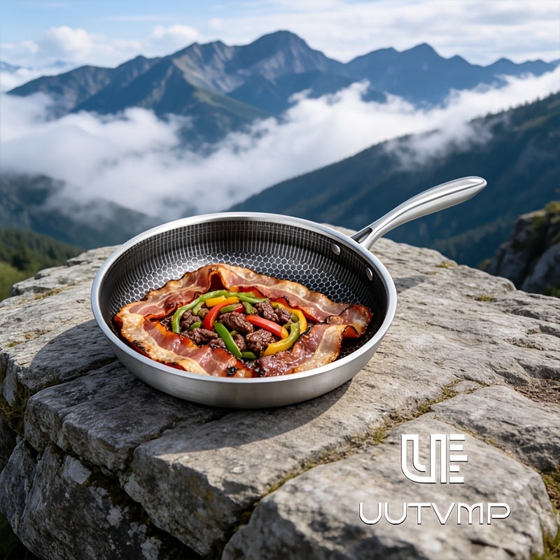 Stainless steel honeycomb frying pan kitchen utensil, thickened high-quality stainless steel with integrated solid steel handle, 3D suspended honeycomb, physically non stick and non chemical coating, scratch resistant and wear-resistant