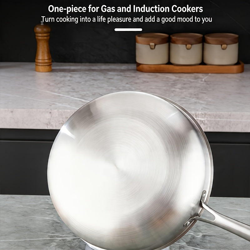 Uncoated stainless steel single handle frying pan, 11.02 inch flat bottomed healthy non chemical coating, evenly heated, universal for induction cookers and gas stoves, suitable for frying eggs, steaks, and dumplings
