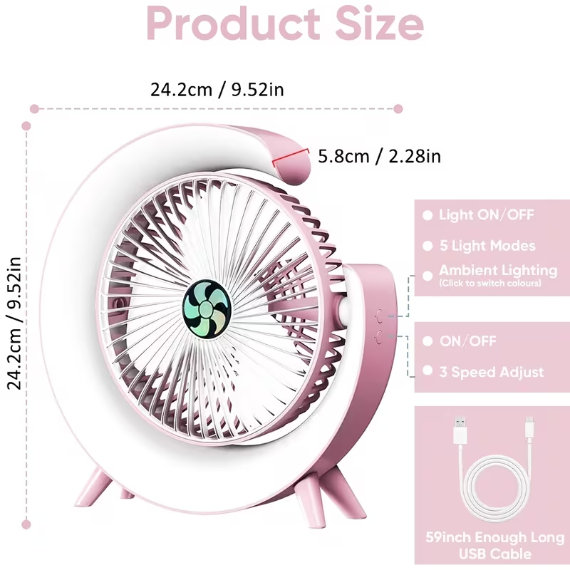 USB Desktop Fan with LED Light, Multifunctional Small Fan, Silent And Portable, 3-Speed Regulation, Rechargeable, Long Battery Life, Home Office Bedside Radiator, Creative Design, Summer Cool Gift