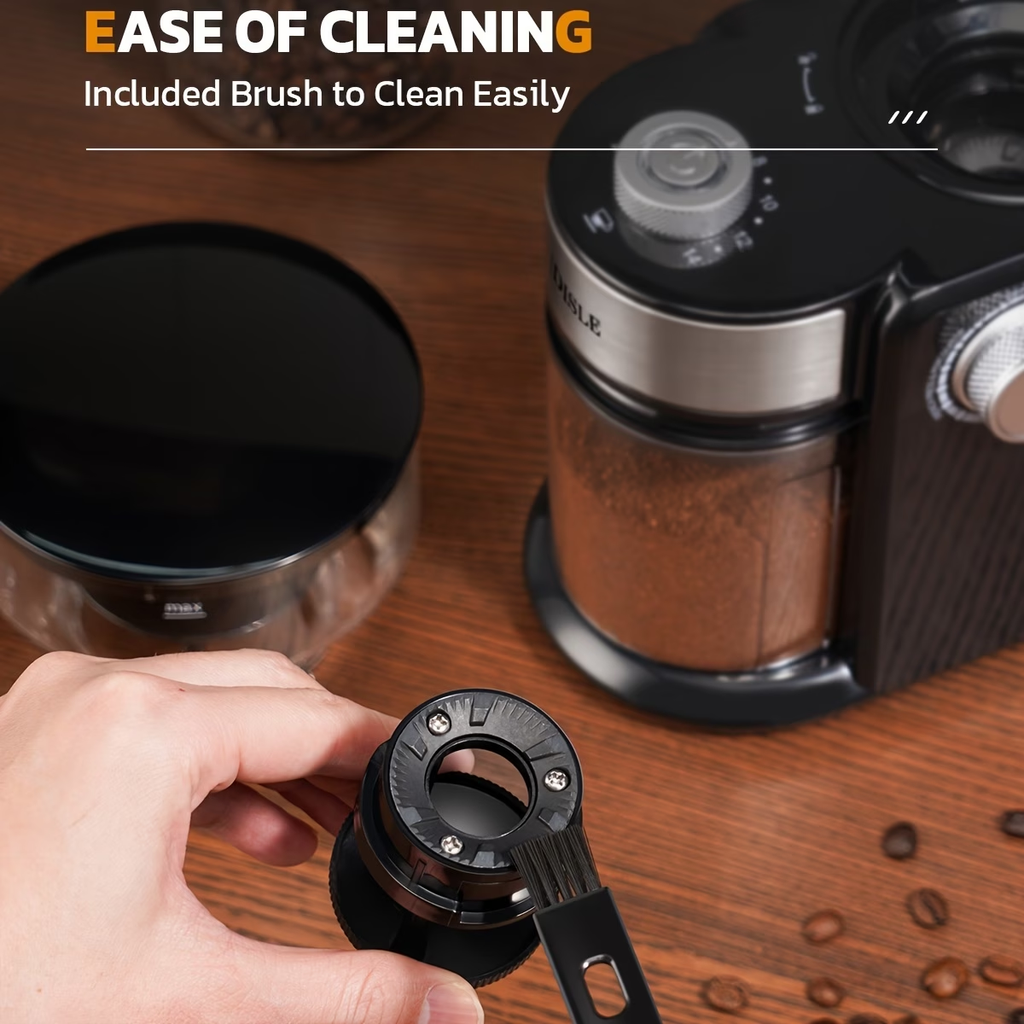 Electric Coffee Mill Featuring Adjustable Burrs, Offering 16 Precise Grinding Options for 2 to 14 Cups, in Black Color.