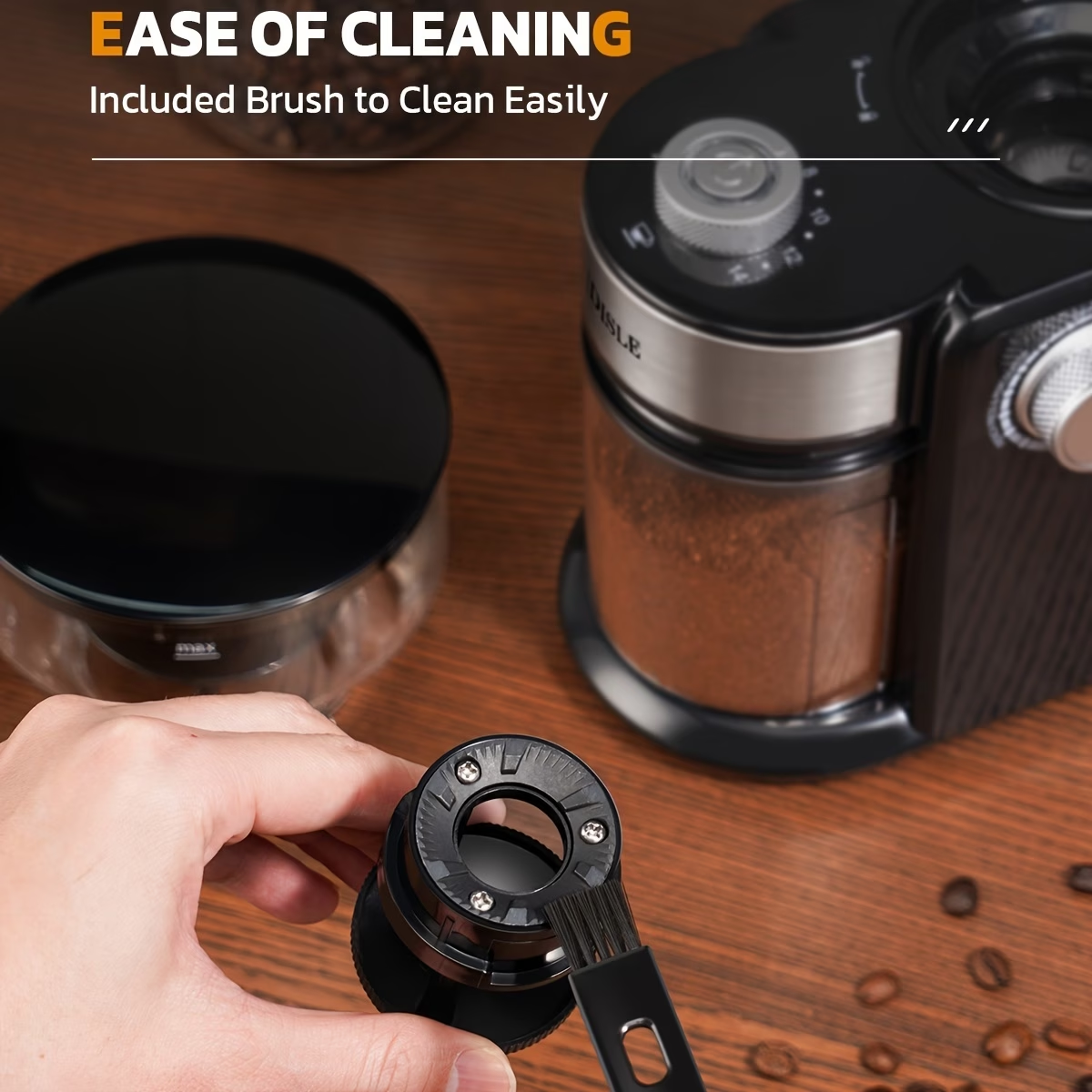 Electric Coffee Mill Featuring Adjustable Burrs, Offering 16 Precise Grinding Options for 2 to 14 Cups, in Black Color.