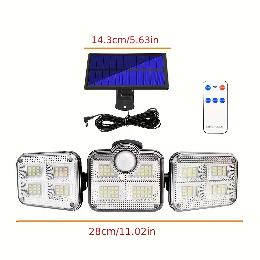TURAOHU Solar Security Light with Motion Sensor - 3 Head 122 LED Adjustable Light, Semi-Recessed Plastic Wall Sconce, Remote Control, Solar Powered 2400mAh Li-Ion Battery, Non-Removable Photovoltaic Panel - Includes Light Source.