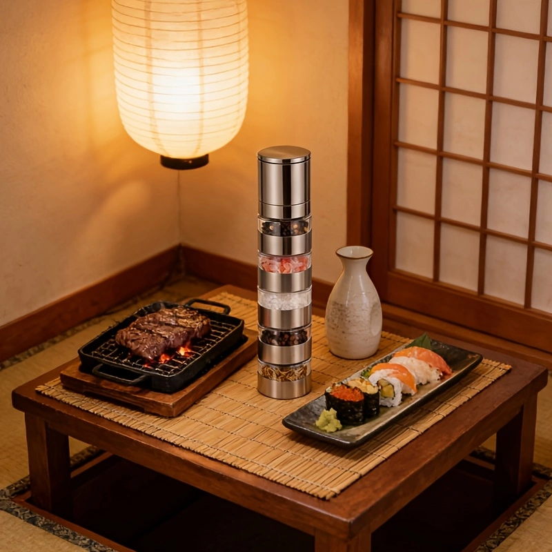Five-layer stainless steel pepper grinder, a kitchen seasoning essential, with a transparent viewing chamber, rotary grinder, and adjustable coarseness.