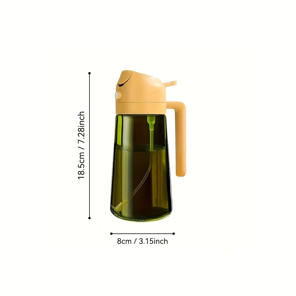 2-piece openable push-button oil spray bottle, 470ml glass spray and invert dual-use oil bottle, household olive oil spray bottle, automatic back-suction nozzle, double seal to prevent leakage when inverted.