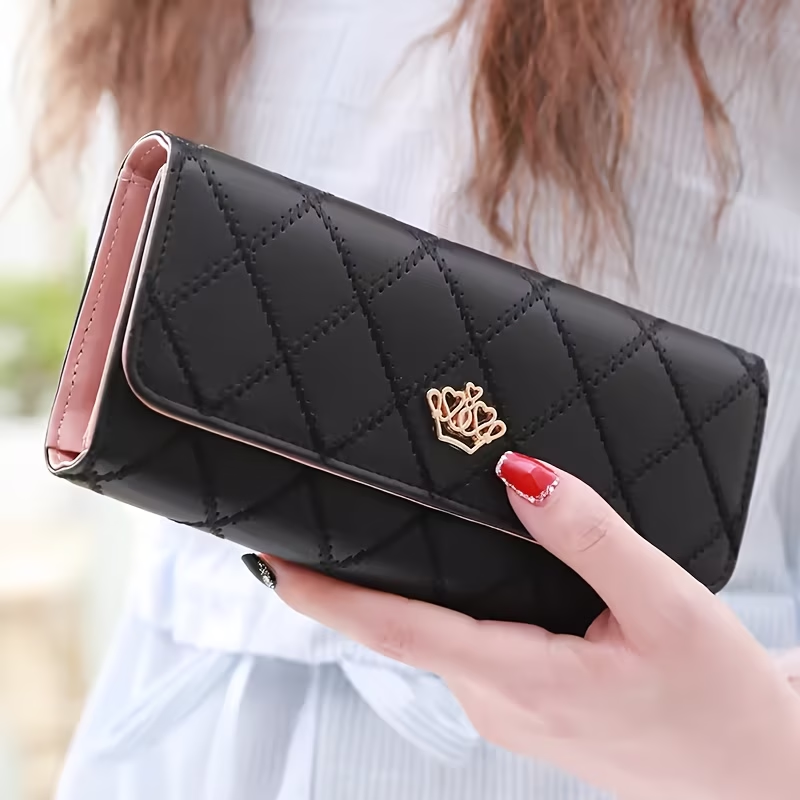 New Fashion Metal Crown Women's Wallet Tri-fold Wallet Long Large-capacity Mini Wallet Zipper Synthetic Leather Wallet