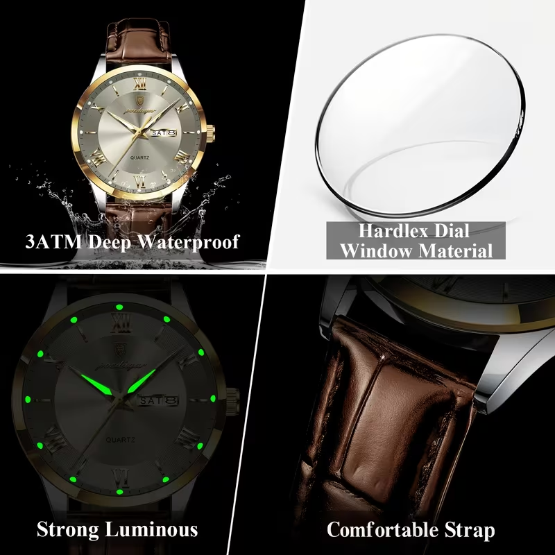 Luxury Business Men's Watch with Luminous Waterproof Calendar, Casual Quartz Men's Wristwatch