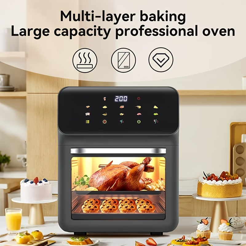12QT Desktop Oven Set, 10 in 1 Multifunctional Air Fryer Toaster Combination, Baking, Reheating, No Deep Frying, Stainless Steel, LED Digital Touch Screen, Visible Window, Healthy Cooking, Space Saving Design, Black