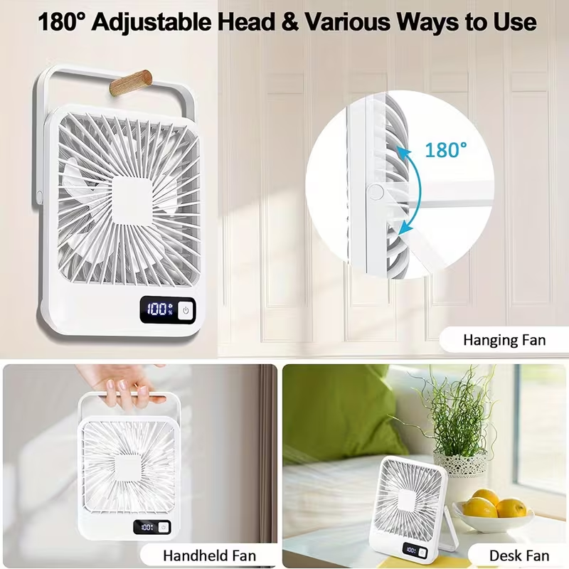 Rechargeable Table Fan with a 1800Mah Battery, Featuring a 180° Foldable Design And Power Display. This Ultra-Quiet Desktop Fan Is Ideal for Home, Office, Travel, And Outdoor Use, Offering 5 Speed Settings