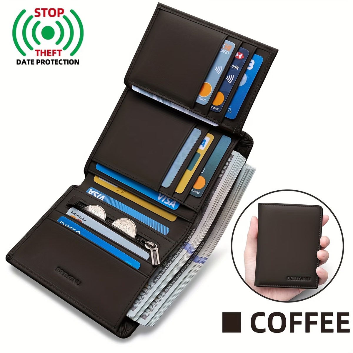 Genuine Leather Three-Fold Wallet for Men, 13 Card Slots with Anti-Theft Feature
