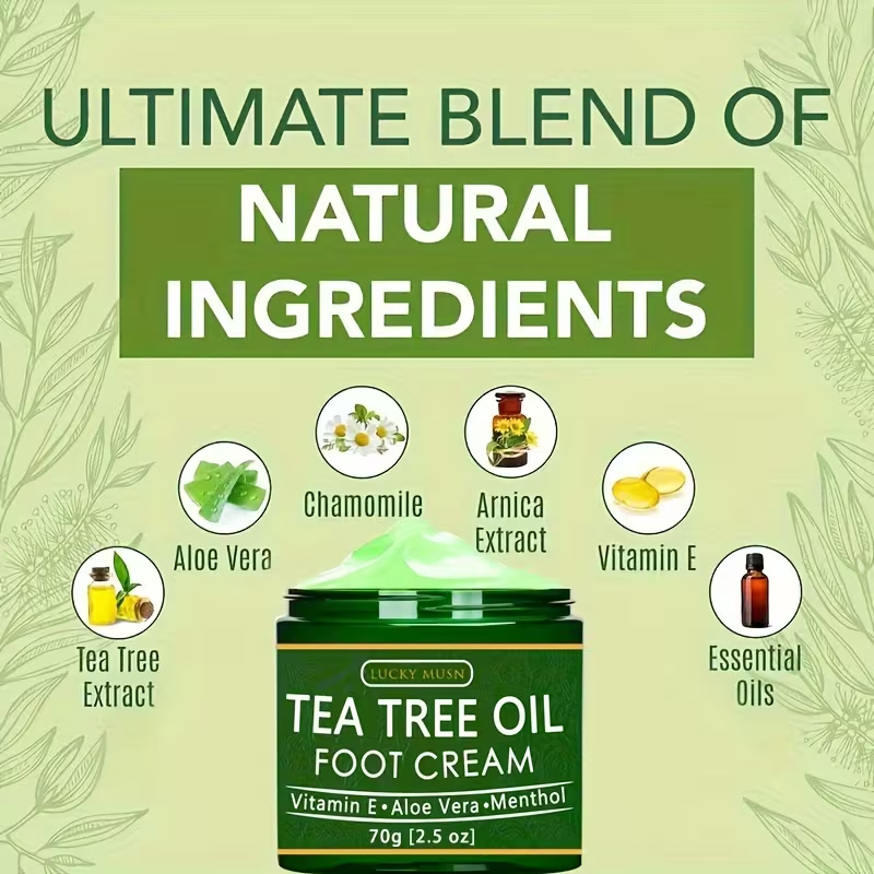 LUCK MUSN Tea Tree Oil Foot Cream - 2oz with Aloe Vera, Hyaluronic Acid & Honey, Suitable for Dry Skin, Suitable for All Skin Types
