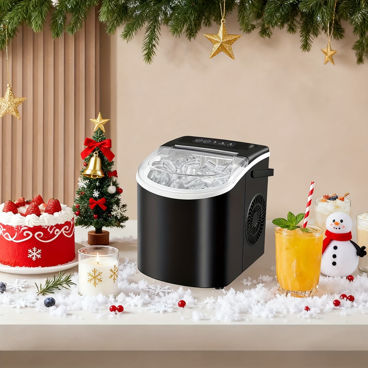 Countertop Ice Maker With Handle | Produces 26 Pounds Of Ice Within 24 Hours, Makes 9 Ice Cubes In 6 Minutes, Portable with Basket and Ice Scoop, Suitable for Malls/Warehouses/Offices