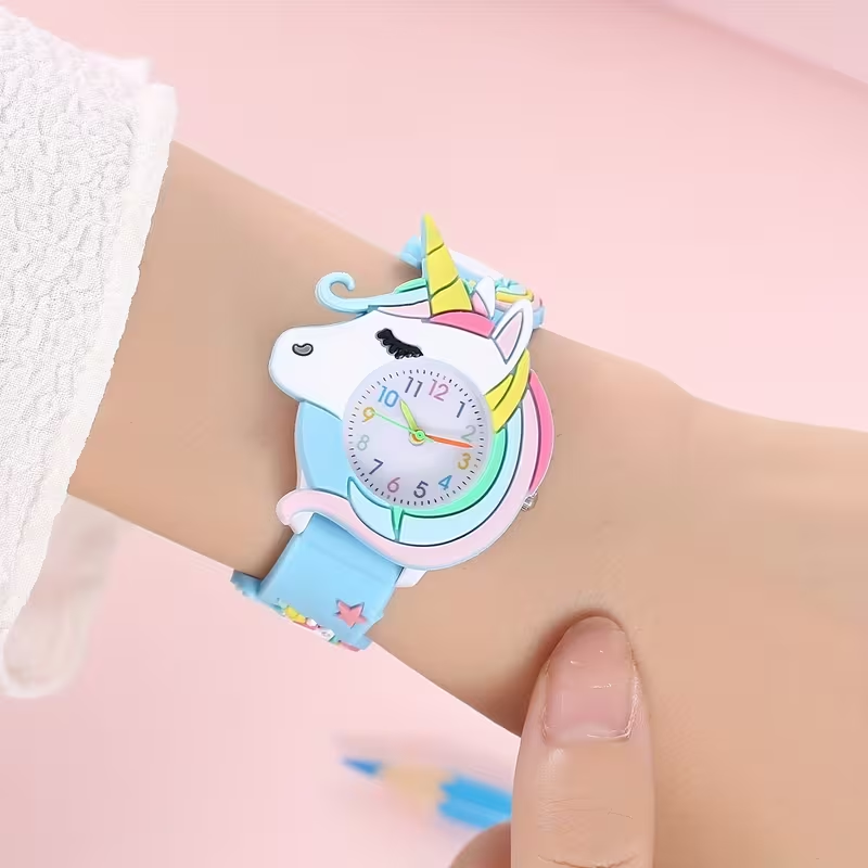 New Unicorn Cartoon Watch for Kids, Silicone, Quartz Movement, Non-Water Resistant, Battery Powered, Button Battery Included, Mixed Colors, Cute Design, Durable Strap