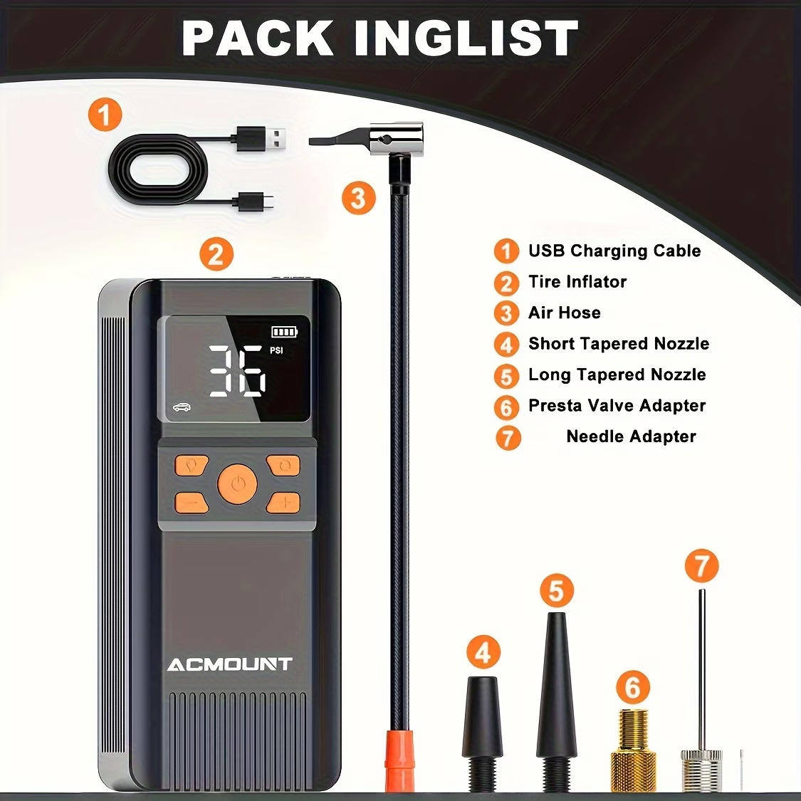[Tire Inflator Portable Air Compressor] 150 PSI Fast Inflation | Rechargeable 5000mAh Large Capacity Battery | Digital Gauge | LED Light | Easy to Use | Longer Lasting, Acmount Cordless Car Air Inflator for Cars, Bikes, Motorcycles & Sports Balls