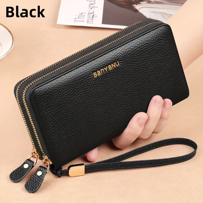 Women'S Long Wallet, Stylish And Spacious, Made of Top-Layer Cowhide, Double Zipper Genuine Leather Clutch Bag 9009
