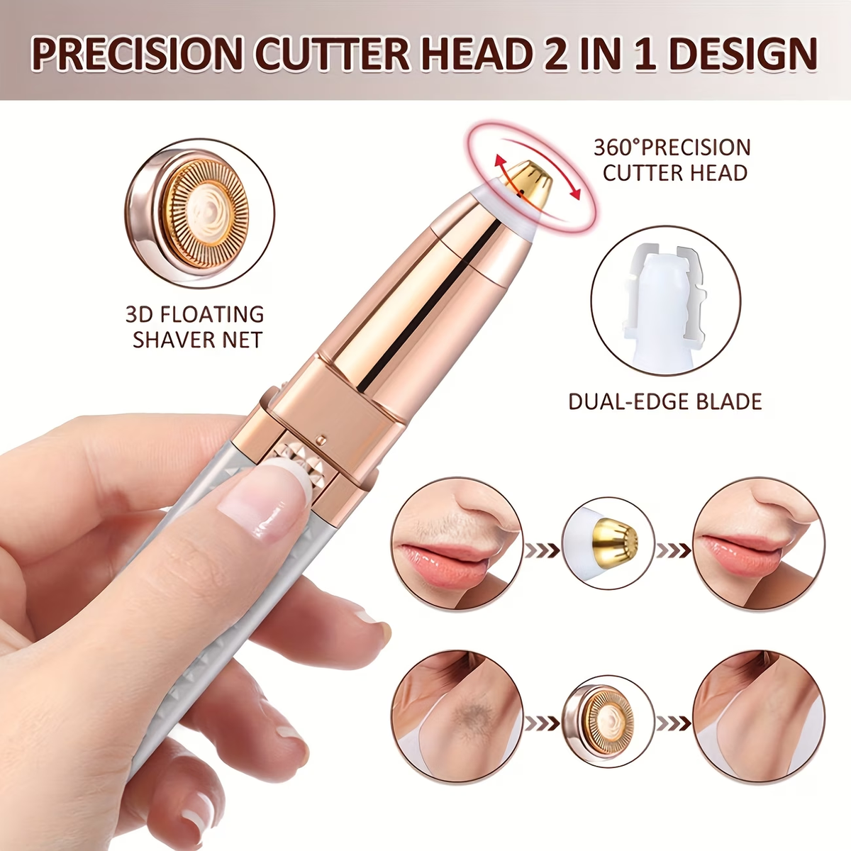 1pc Eyebrow Trimmer & Facial Hair Removal for Women, 2in 1 Eyebrow Razor and Painless Hair Shaver Rechargeable with Built-in LED Light for Face Peach Fuzz Eyebrow Lips Body Chin Arms