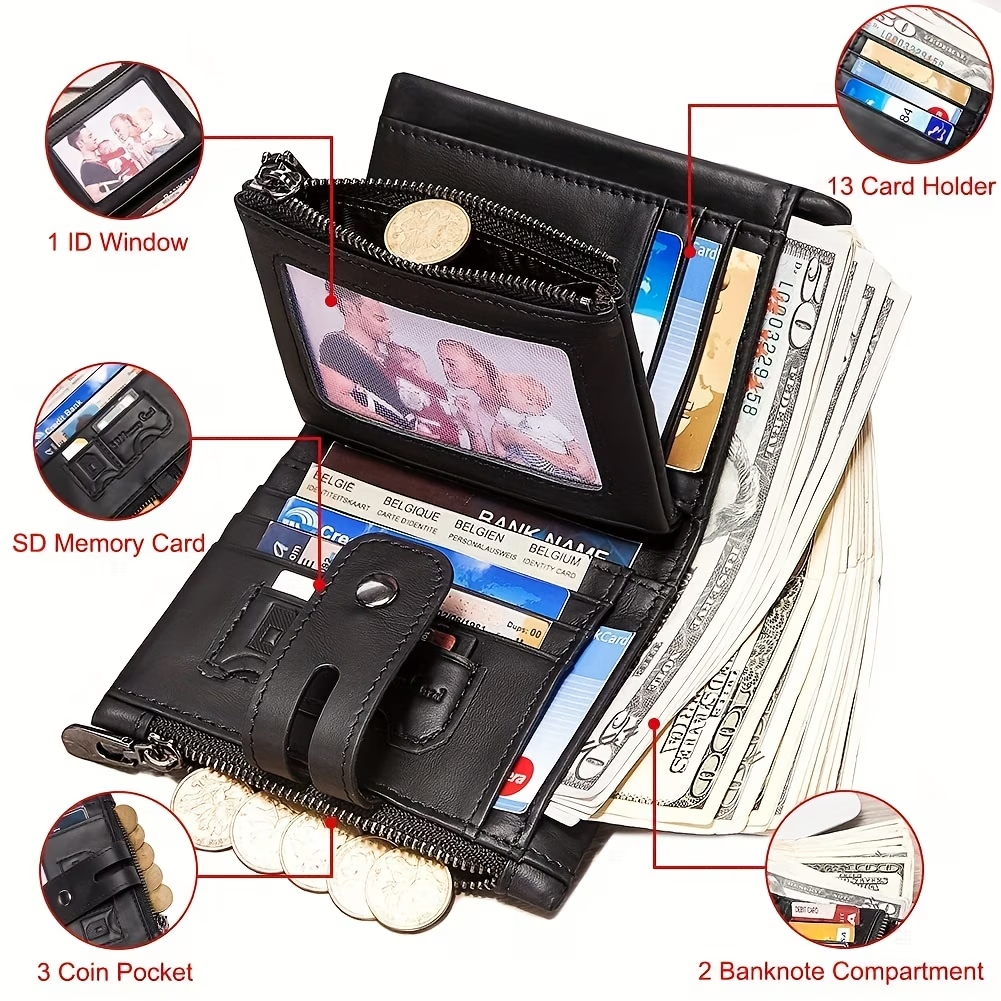 Men's Wallet With Chain - Genuine Leather Short Wallet RFID Blocking Card Holder Double Zipper Coin Pocket Anti-Theft Wallet - For Men - Suitable for Everyday Use - Ideal Gift for Father's Day, Birthday