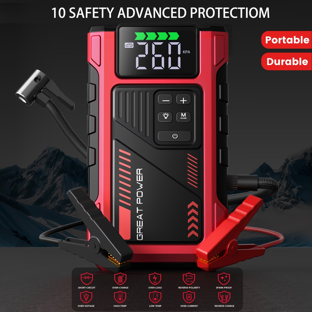 9-in-1 Portable Jump Starter with Air Compressor, Battery Jump Starter Portable Peak, Car Battery Charger Portable For12V(8.0LGas/1.72gal Diesel) Start The Car Quickly, USB Input/output, LED Emergency, Car Accessories Tools, Wireless Car Air