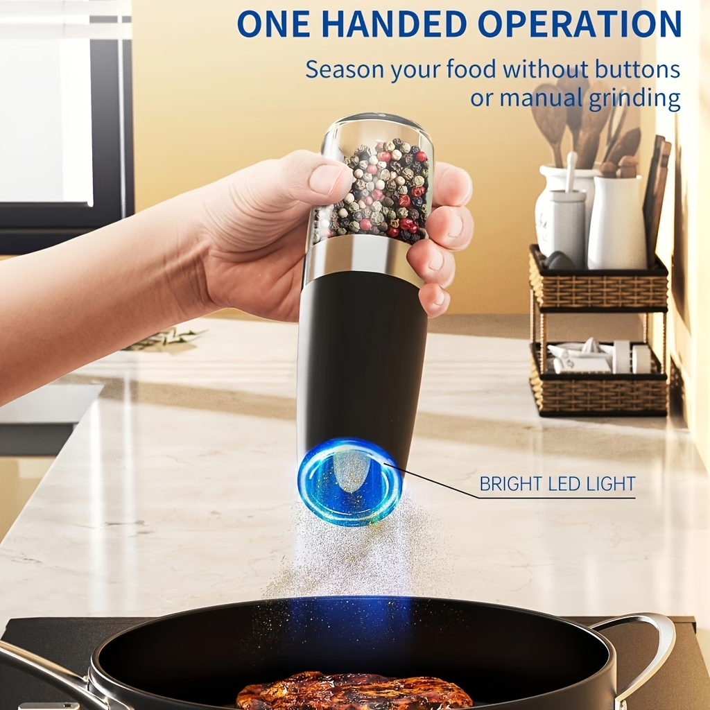 1/2pcs/set, Gravity Electric Salt And Pepper Mill, Powerful Pepper Grinder, Tilt to Grind Automatically, Battery Powered, Coarseness Adjustable, Upgraded Large Capacity, Easy to Clean, One-Hand Operation, Kitchen Essentials, LED Light, Gift Ideas